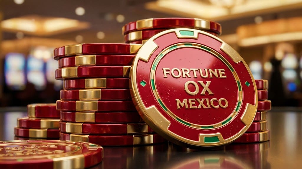 Torre de fichas rojas y oro Fortune OX Mexico en un salón
