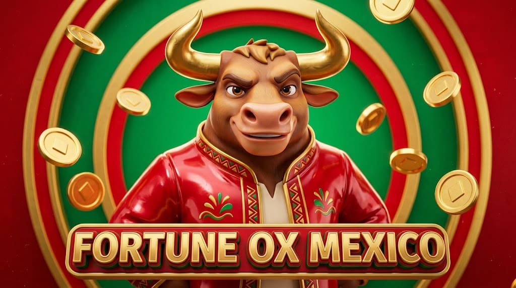 Toro 3D de Fortune OX Mexico con chaqueta charro roja, aros rojo-verde-oro y monedas